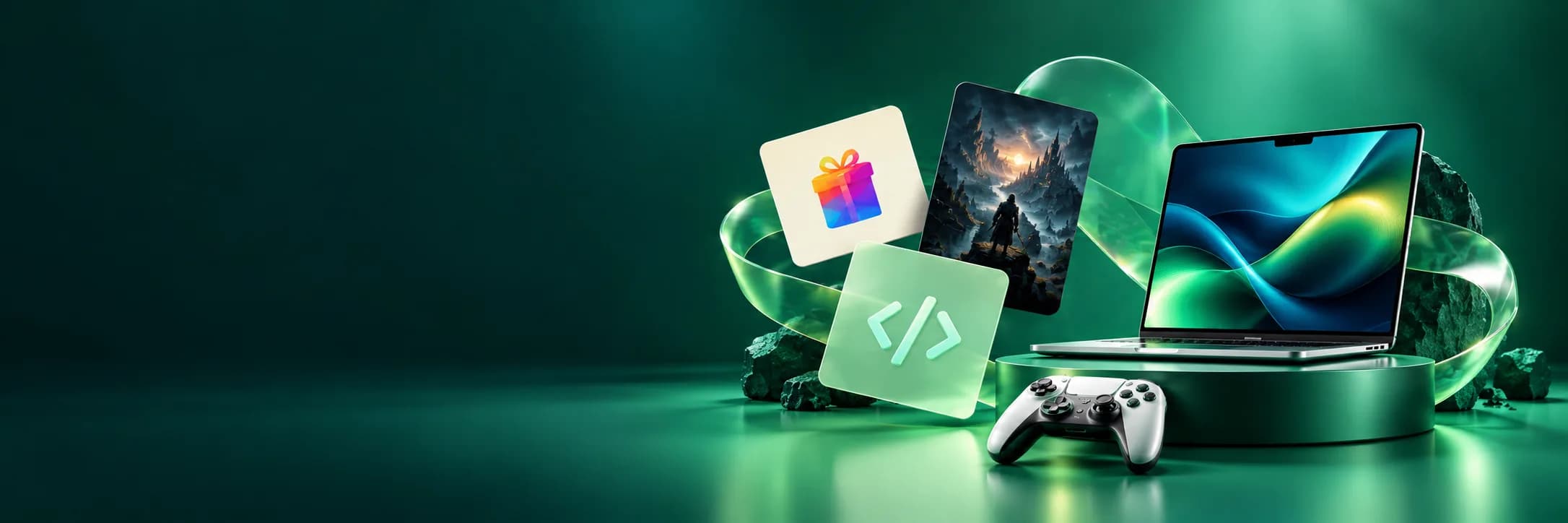 Laptop, game controller and floating digital gift and game cards