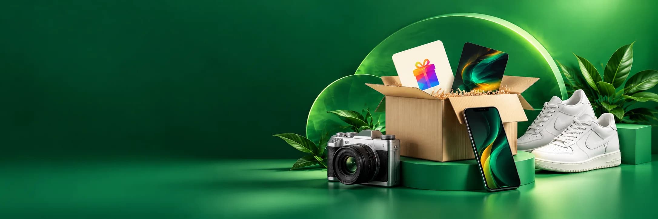 Open shipping box with a gift card and phone, next to a camera and sneakers